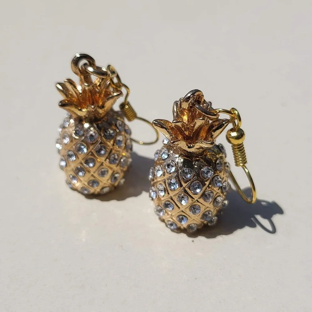 Gold Tone Rhinestone Pineapple Drop Earrings Gold Tropical Kitsch Dangle